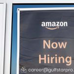 Amazon Dubai hiring poster showing salary range, job categories, and application details via gulfstarpro.com