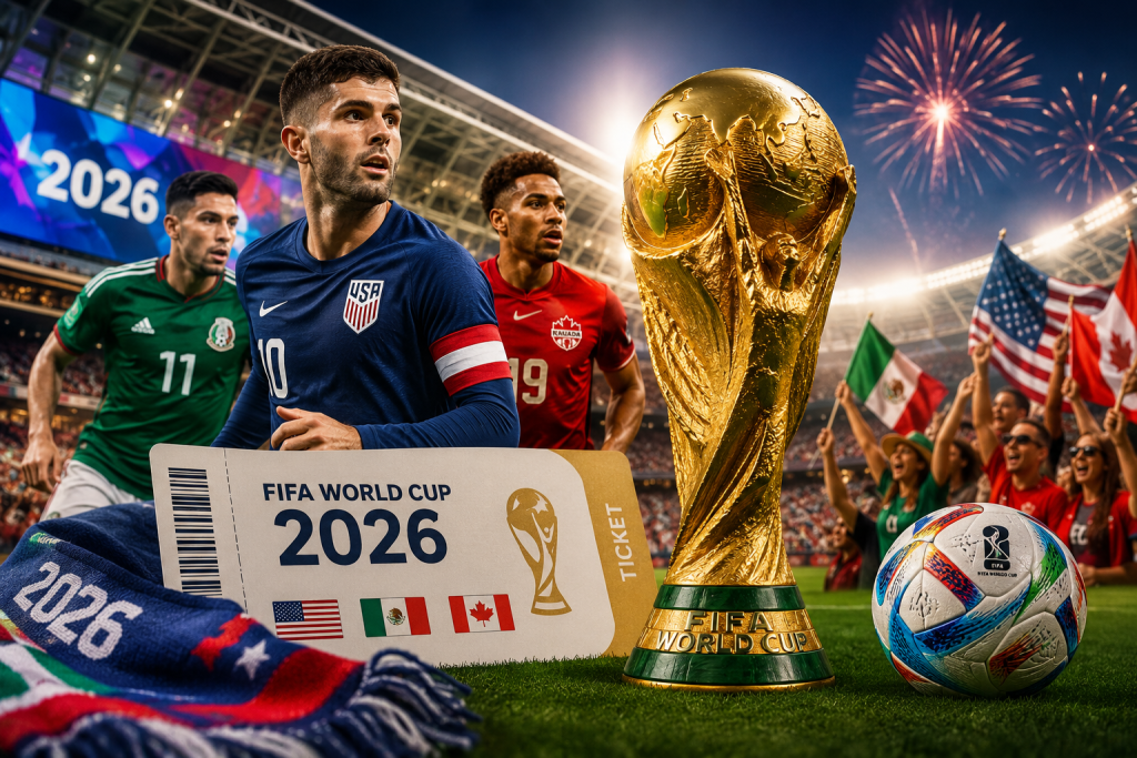 “FIFA World Cup 2026 stadium with football fans during live match”